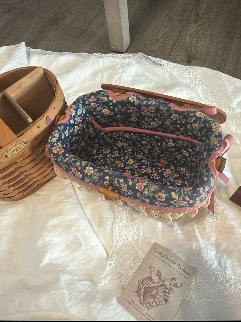 Longaberger Brown Woven Basket with Floral Navy and Cream Trim